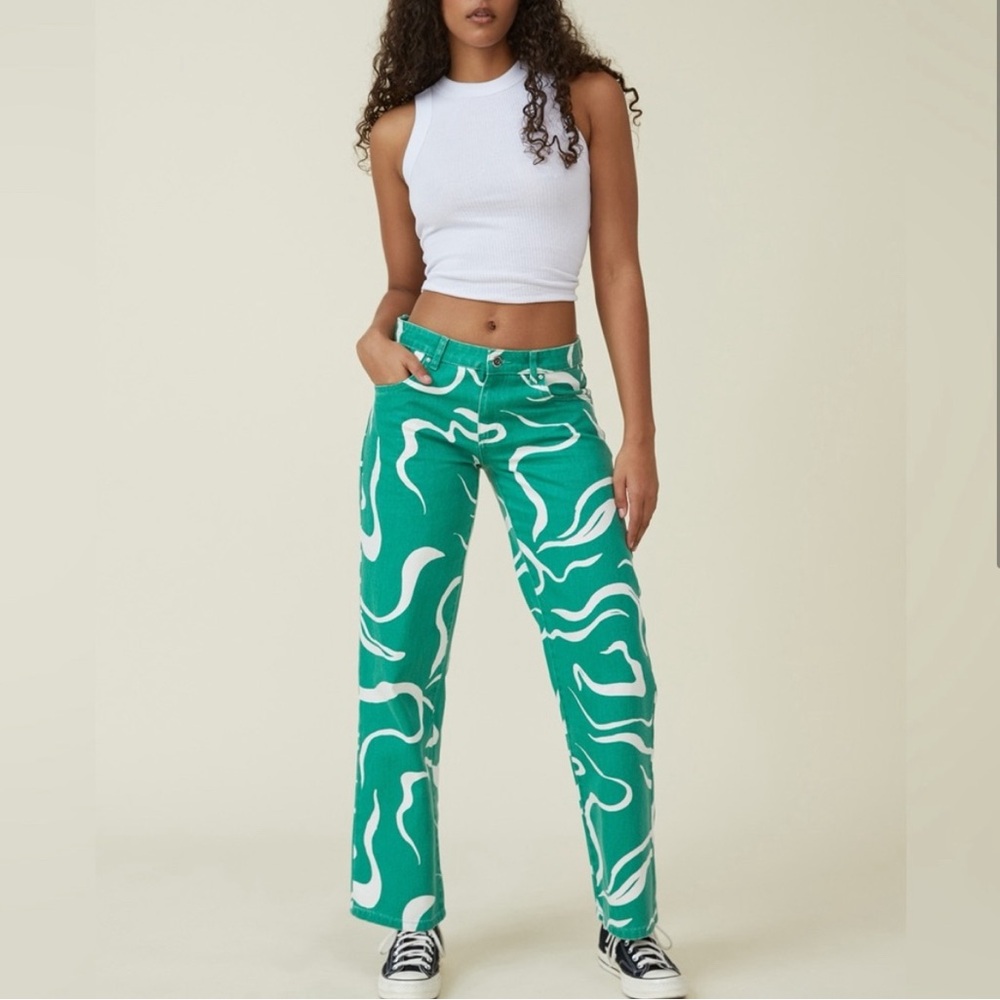 Cotton On Low Rise Green and White Swirl Straight Jeans sz4 - Picture 1 of 13